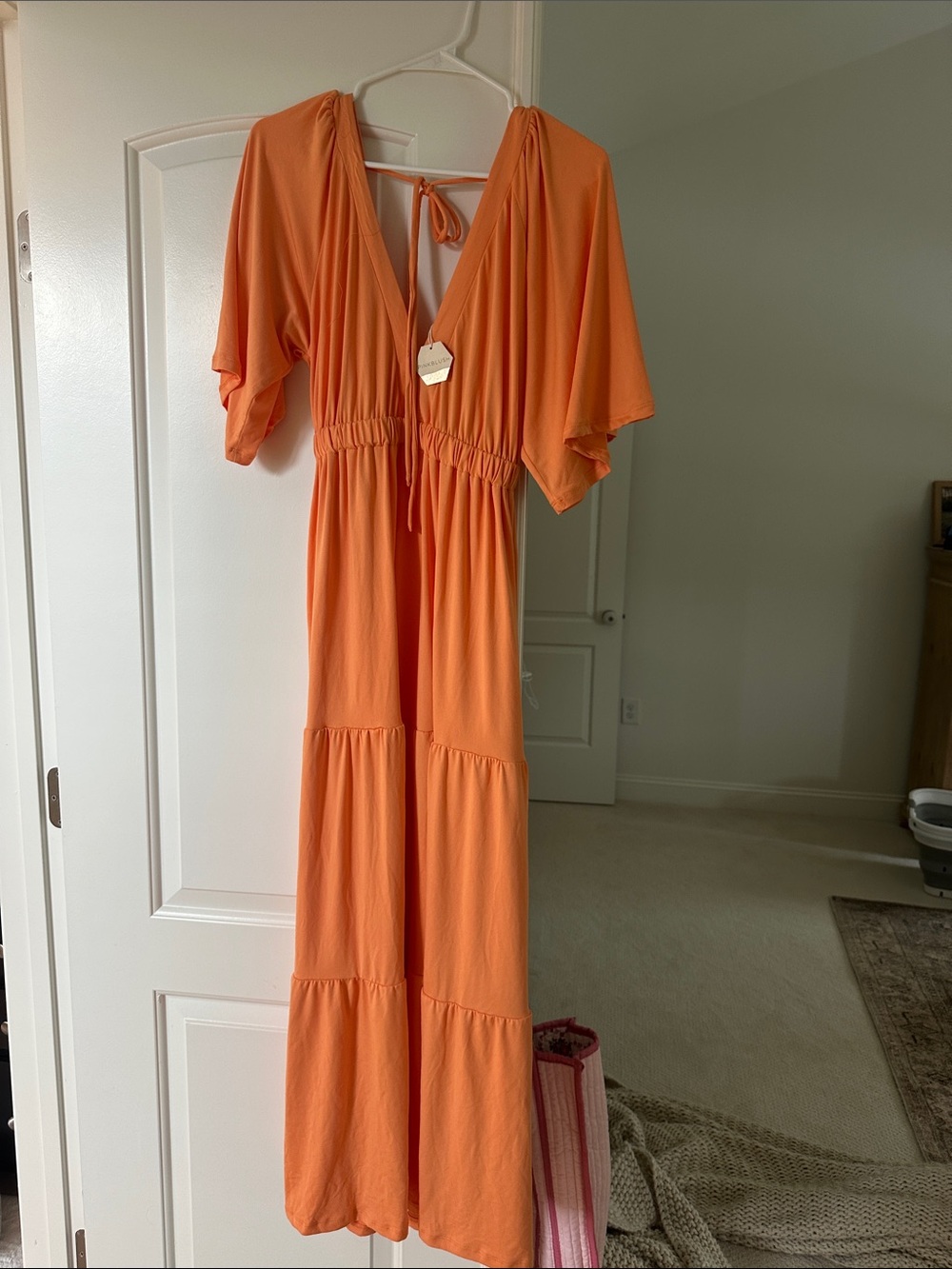 Pinkblush Orange Tiered V-Neck Maxi Dress with Tie Back